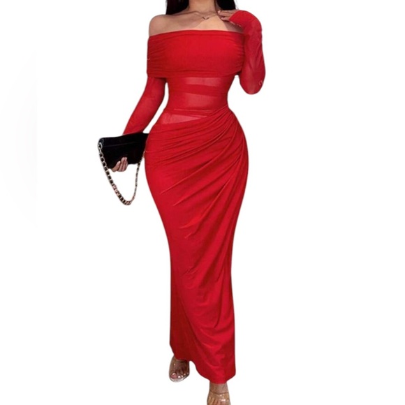 Unbranded Mesh Ruched Maxi Dress See Threw Off Shoulder Long Sleeve Size M. B12 - Picture 1 of 17